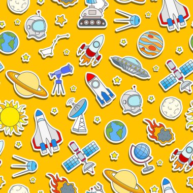 Uzay ve uzay konulu seamless modeli turuncu arka plan üzerinde renkli etiket simgeleri seyahat