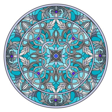 Vitray stil, ayna görüntüsü çiçek süs eşyaları ve swirls ile yuvarlak resimde