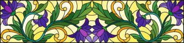 İllüstrasyon soyut swirls ile vitray tarzında, mor çiçekler ve yatay yönlendirme, sarı bir arka plan bırakır