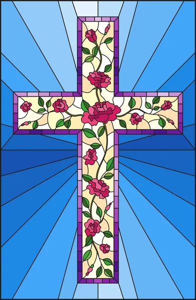 Ilustração em estilo vitral com cruz cristã decorada com rosas rosa sobre fundo azul —  Vetores de Stock