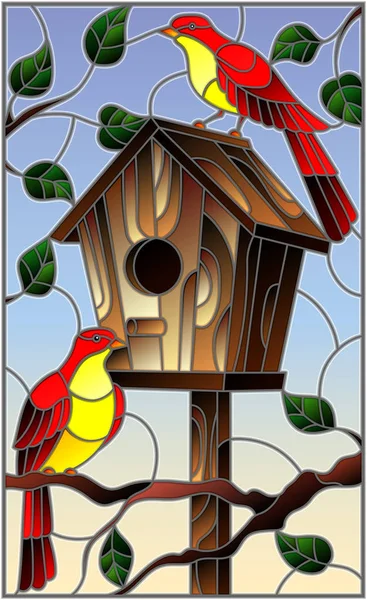 Ilustração em estilo de vidro manchado com um par de pássaros vermelhos brilhantes e uma casa de passarinho em um fundo de ramos de árvore e céu — Vetor de Stock