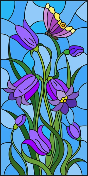 Ilustración en estilo vitral con hojas y campanas flores, flores púrpuras y mariposa sobre fondo celeste — Archivo Imágenes Vectoriales