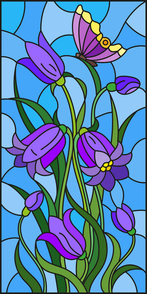 Illustration in stained glass style with leaves and bells flowers, purple flowers and butterfly on sky background