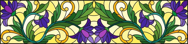 Illustratie in gebrandschilderd glas stijl met abstracte wervelingen, paars bloemen en bladeren op een gele achtergrond, de horizontale afdrukstand — Stockvector