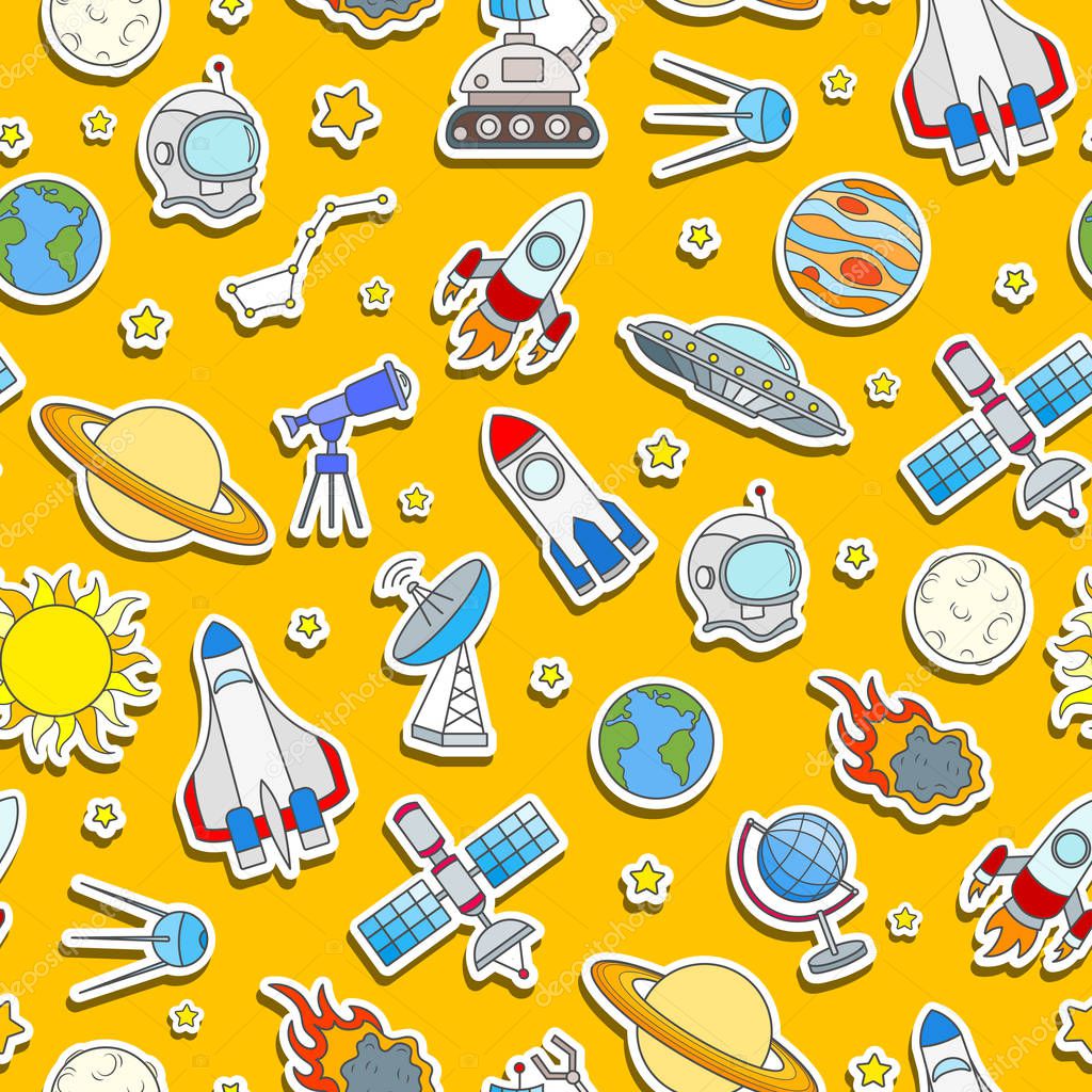 Seamless pattern on the theme of space and space travel color sticker icons on orange background