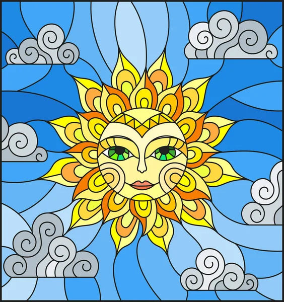 Illustration dans le style vitrail avec un soleil fabuleux avec le visage sur le fond du ciel et des nuages — Image vectorielle