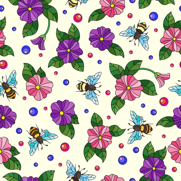 Patrón sin costuras con abejas coloridas y flores sobre un fondo claro — Vector de stock