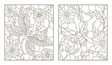 Arka plan rengi, beyaz bir arka plan üzerinde koyu anahat vitray arı ve yusufçuk kontur illüstrasyonlar ayarlayın