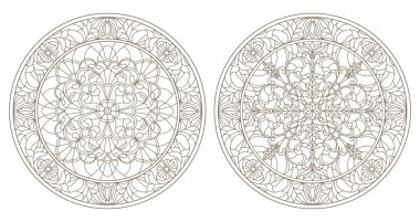 Vitray, vitray çiçek, karanlık Anahat Beyaz bir arka plan üzerinde yuvarlak kontur çizimleri ayarla