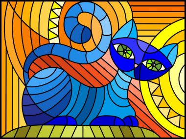 Vitray tarzı bir turuncu zemin üzerine mavi soyut geometrik kedi ile resimde