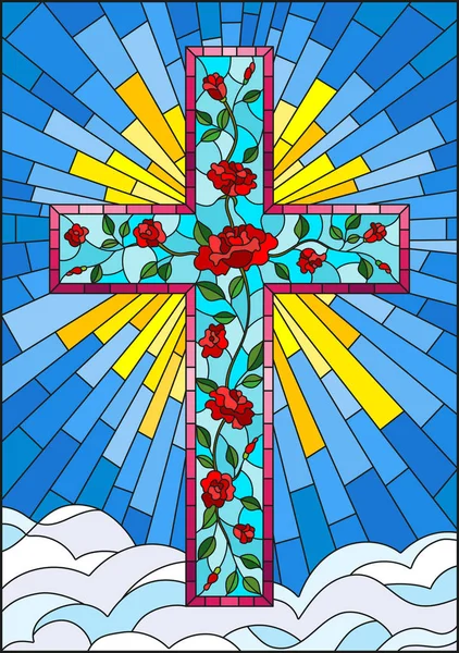 Bulutlu gökyüzü arka plan üzerinde pembe Gül illüstrasyon vitray tarzı Hıristiyan çapraz ile süslenmiş