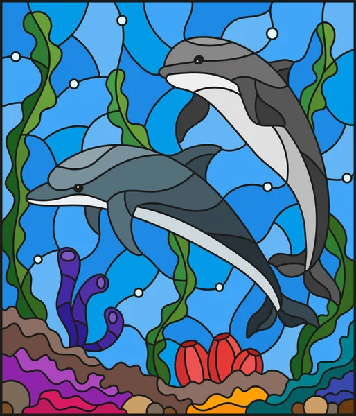 Illustrazione in stile vetrate con un paio di delfini sullo sfondo di acqua e fondale marino — Vettoriale Stock