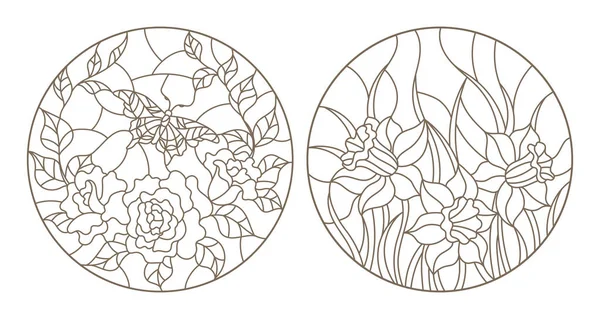 Conjunto de contorno ilustrações vitrais, rosas com borboleta e narcisos, imagens circulares, contornos escuros sobre fundo branco —  Vetores de Stock