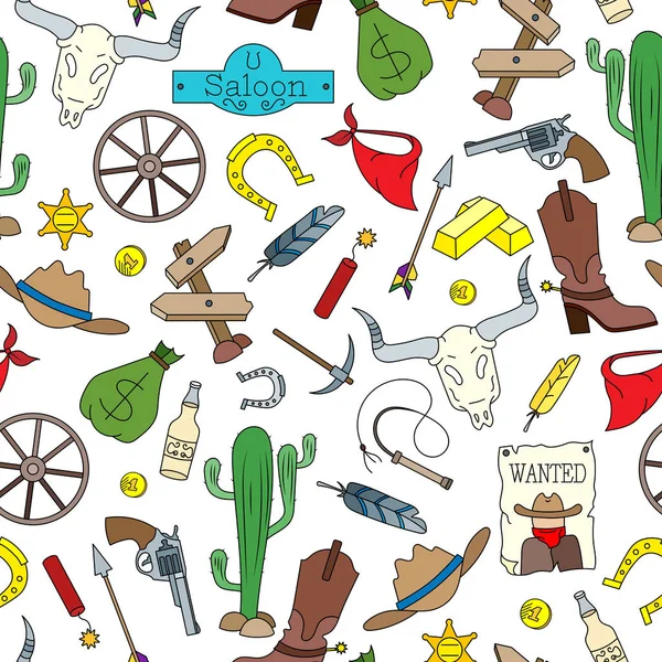 Patrón sin costuras en el tema del salvaje oeste, iconos de dibujos animados de colores sobre fondo blanco — Vector de stock