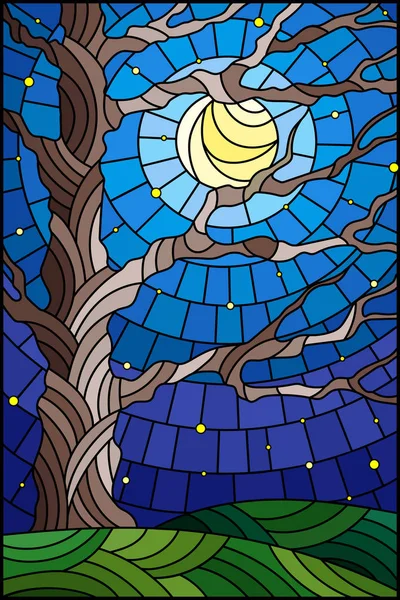 Ilustración en estilo vidriera con árbol sobre fondo celeste con las estrellas y la luna — Archivo Imágenes Vectoriales