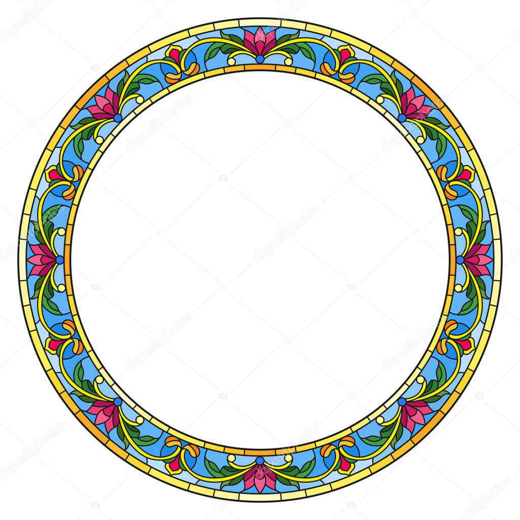 Illustration in stained glass style flower frame, bright flowers and  leaves in blue frame on a white background