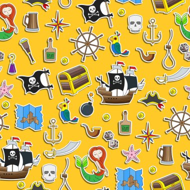 Korsanlık ve Denizcilik konunun sorunsuz illüstrasyon seyahat renk Striker simgeleri Sarı zemin üzerine