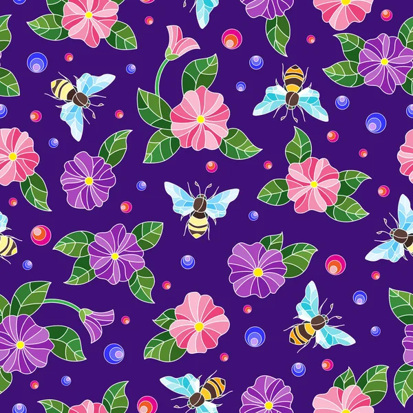 Nahtloses Muster mit bunten Bienen und Blumen auf blauem Hintergrund — Stockvektor