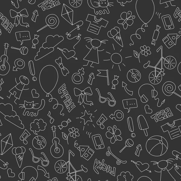 Seamless pattern on the theme of childhood, fun and friendship, a simple hand-drawn icons, light contours on dark background — Stock Vector