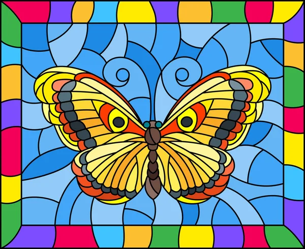 Ilustração em estilo vitral com borboleta amarela brilhante em um fundo azul em uma moldura brilhante — Vetor de Stock