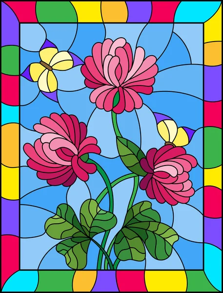 Illustrazione in vetro colorato con bouquet di trifoglio rosa e farfalle gialle su sfondo cielo, in una cornice luminosa — Vettoriale Stock