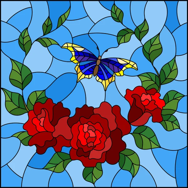 Ilustración en estilo vitral con flores rojas y hojas de rosa, y mariposa azul, cuadro cuadrado — Archivo Imágenes Vectoriales