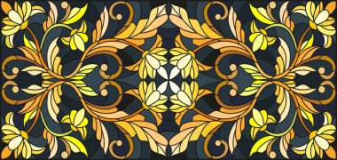 Çiçek süsleme stiliyle vitray, imitasyon altın swirls ve bitkisel motifler ile koyu arka plan üzerinde resimde