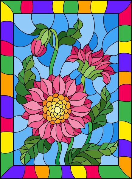 Ілюстрація у вітражному стилі з трьома яскраво-рожевими квітами, бутонами та листям на синьому фоні в рамці — стоковий вектор