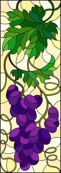 The illustration in stained glass style painting with a bunch of red grapes and leaves on a yellow  background,vertical image — Stock Vector