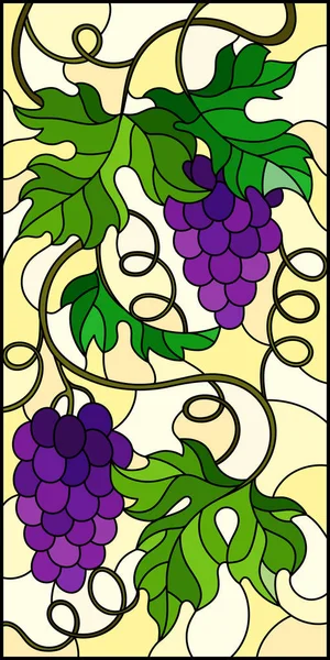 La ilustración en pintura estilo vitral con un ramo de uvas rojas y hojas sobre un fondo amarillo, imagen vertical — Archivo Imágenes Vectoriales