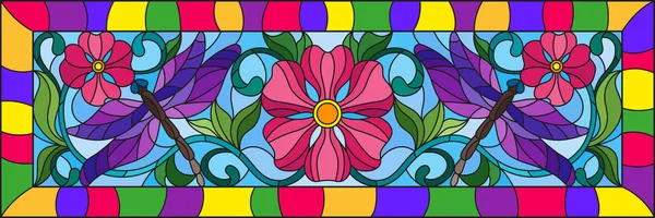 Illustration dans le style vitrail avec des dragonflyes lumineux, ornement floral et fleurs roses sur un fond bleu dans un cadre lumineux — Image vectorielle