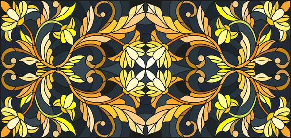 Illustrazione in stile vetrate con ornamento floreale, oro imitazione su sfondo scuro con turbinii e motivi floreali — Vettoriale Stock