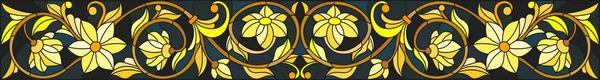 Illustration im Glasmalereistil mit floralem Ornament, Goldimitation auf dunklem Hintergrund mit Wirbeln und floralen Motiven — Stockvektor