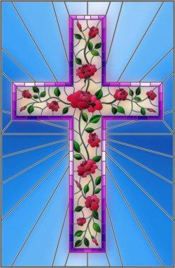 Mavi arka plan üzerinde pembe Gül illüstrasyon vitray tarzı Hıristiyan çapraz ile süslenmiş
