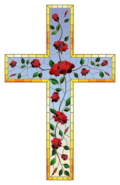 La ilustración en pintura de estilo vidriera sobre temas religiosos, vidriera en forma de cruz cristiana decorada con rosas rojas aisladas sobre fondo blanco — Archivo Imágenes Vectoriales