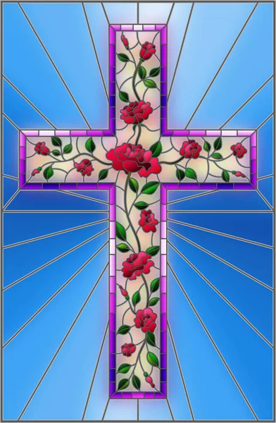 Ilustración en estilo vidriera con cruz cristiana decorada con rosas rosadas sobre fondo azul — Vector de stock