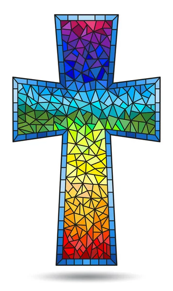 宗教的なテーマに日本画風のステンド グラス、虹のキリスト教の十字、白い背景で隔離の形をしたステンド グラスの窓のイラスト — ストックベクタ