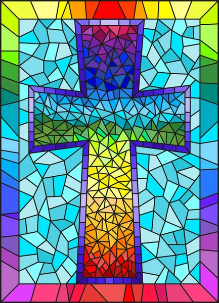 La ilustración en pintura de estilo vidriera sobre temas religiosos, vidriera en forma de cruz cristiana arco iris, sobre un fondo azul con marco de arco iris — Archivo Imágenes Vectoriales