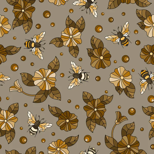 蜂と茶色の背景、トーンのブラウン、セピア色に花のシームレス パターン — ストックベクタ