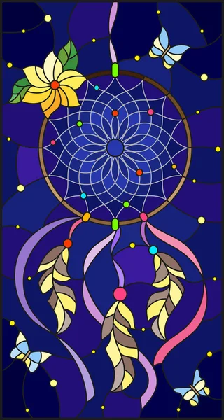 Illustration in stained glass style with dream catcher and moths on  a starry night sky background — Stock Vector