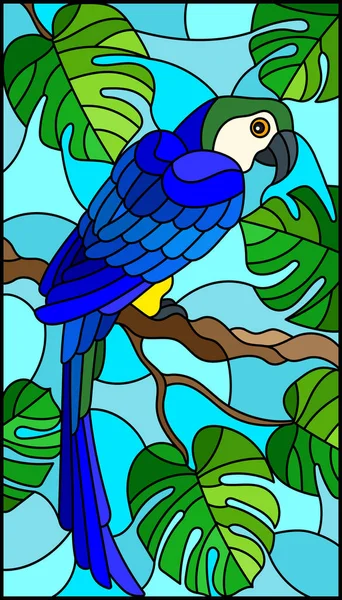 Ilustración en perico pájaro azul estilo vidriera en rama árbol tropical contra el cielo — Archivo Imágenes Vectoriales