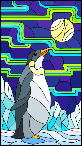 Illustration im Glasmalereistil mit einem Pinguin auf einem Hintergrund aus Schnee, Mond und Nordlicht — Stockvektor