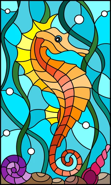 ภาพประกอบในสไตล์กระจกสีกับม้าทะเลปลา — ภาพเวกเตอร์สต็อก