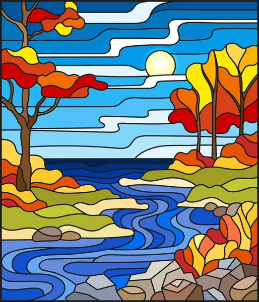 Illustration im Glasmalereistil mit einem felsigen Bach im Hintergrund des sonnigen Himmels, See, Bäume und Felder, Herbstlandschaft — Stockvektor