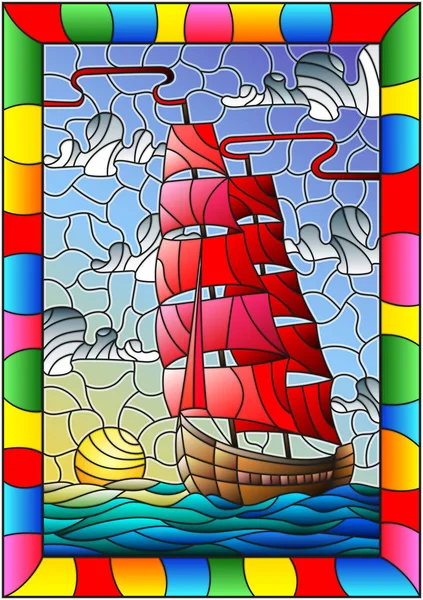 Ilustrace v vitráže stylu s staré lodi plující s červenými plachtami proti moře, slunce a obloha, krajina v jasný rámec — Stockový vektor