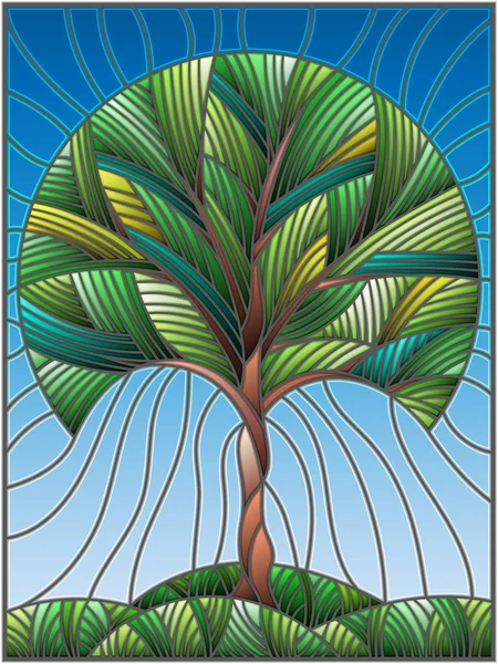 Ilustración en estilo vitral con árbol sobre fondo celeste — Archivo Imágenes Vectoriales