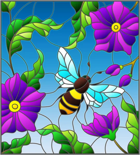 Illustration in stained glass style with bee on background of branches with purple flowers, leaves and sky — Stock Vector