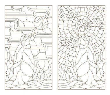 Vitray Windows penguenler, beyaz zemin üzerine koyu ana hatları ile anahat çizimleri set