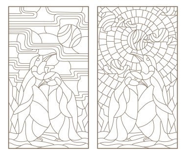 Vitray Windows penguenler, beyaz zemin üzerine koyu özetliyor bir çift ile anahat çizimleri set