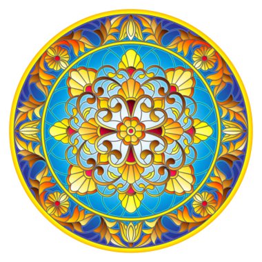 Vitray stil, ayna görüntüsü çiçek süs eşyaları ve swirls ile yuvarlak resimde